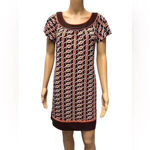 Sandra Darren 70’s Inspired Dress Brown Orange Above Knee Scoop Neck Retro 8P